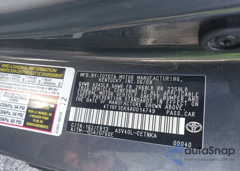 2010 Toyota Camry Le из США, поврежденный, VIN 4T1BF3EK4AU014749